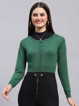 Monte Carlo - Womens Green Solid Round Neck Full Sleeve Wool Blend Cardigan