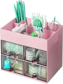 House of Quirk - Desk Organiser with 4 Plastic Compartments Pink For Office For School - Pink