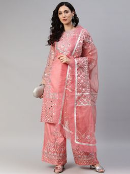 Readiprint - Semi-Stitched Organza Pink Kurti with Bottom and Dupatta (Set of 3) (Free Size)