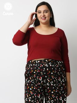 Twenty Dresses by Nykaa Fashion - Curve Maroon Solid Boat Neck Cropped Basics T Shirt