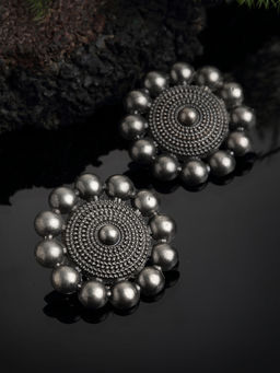 PANASH - Oxidized Silver-Toned Black Floral Stud Earrings