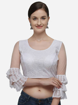 Amrutam Fab - Womens Embroidered White Net Stiched Blouse With Round Neck
