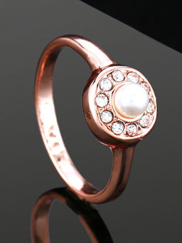 Estele - Rose Gold Plated Circular Shaped Finger Ring with Crystals & Pearl for Women