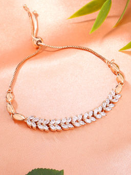 Estele - Rose Gold Plated Cz Leaf Designer Bracelet with White Stones for Women