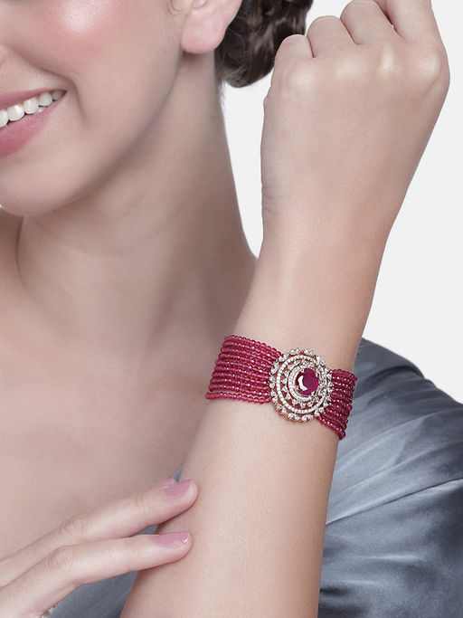 Estele Pink Plated Cz Ruby Multi-Layered Bracelet with White Stones for Women