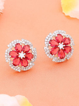 Estele - Silver Plated Cz Floral Stud Earrings with Tourmaline Red Stones for Women