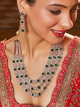 Estele - Rose Gold Plated Cz Three Line Necklace Set with Green Stones for Women (Set of 2)