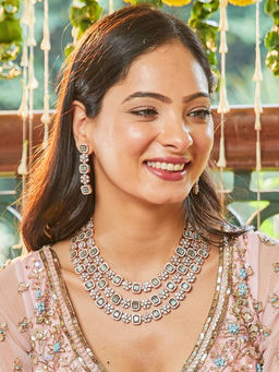 Estele - Rose Gold Plated Cz Three Line Necklace Set with Mint Green Stones for Women (Set of 2)