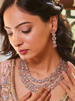 Estele - Rose Gold Plated Cz Three Line Necklace Set with Mint Pink Stones for Women (Set of 2)