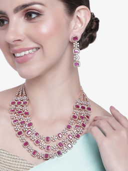 Estele - Rose Gold Plated Cz Three Layered Necklace Set with Ruby Stones for Women (Set of 2)