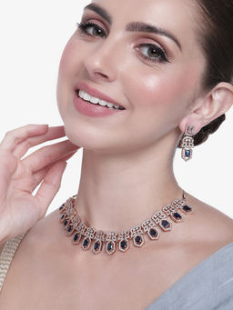 Estele - Rose Gold Plated Cz Dazzling Necklace Set with Blue Crystals for Women (Set of 2)