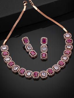 Estele - Rose Gold Plated Cz Sparkling Necklace Set with Ruby & White Stones for Women (Set of 2)