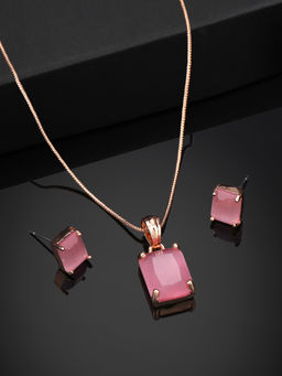 Estele - Rose Gold Plated Cz Square Design Pendant Set with Mint Pink Stones for Women (Set of 2)