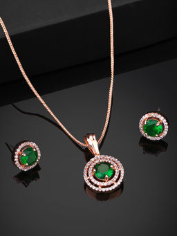 Estele - Rose Gold Plated Cz Circular Pendant Set with Green Stones for Girls and Women (Set of 2)