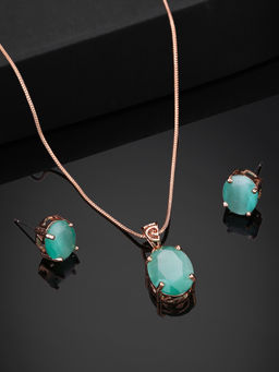 Estele - Rose Gold Plated Cz Classic Pendant Set with Mint Green Stones for Women (Set of 2)