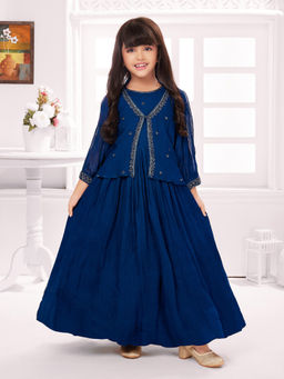 Tiny Kingdom - Girls Blue Georgette Fabric Beads Ethnic Gown with Jacket