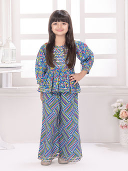 Tiny Kingdom - Girls Blue Cotton Fabric Embroided Printed Kurti with Palazzo