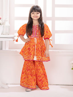 Tiny Kingdom - Girls Orange Cotton Fabric Embroided Mirror Work Kurta with Gharara