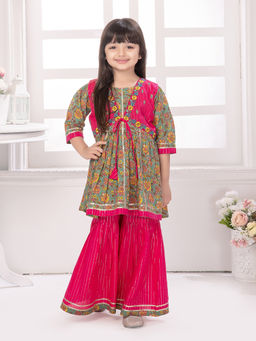 Tiny Kingdom - Girls Green Floral Cotton Printed Kurta with Gharara & Jacket (Set of 3)
