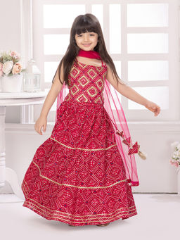 Tiny Kingdom - Girls Red Cotton Fabric Printed Choli with Lehenga & Dupatta (Set of 3)