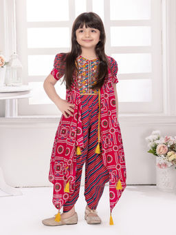 Tiny Kingdom - Girls Red Cotton Fabric Embroidered Jumpsuit with Jacket