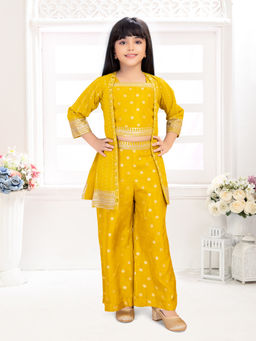 Tiny Kingdom - Girls Yellow Embroided Top with Palazzo & Jacket (Set of 3)