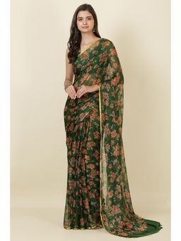 MEENA BAZAAR Since 1970 - Green Zari Border and Floral Printed Chiffon Saree