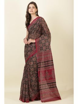 MEENA BAZAAR Since 1970 - Black and Wine Cotton Bagru Printed Saree