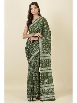MEENA BAZAAR Since 1970 - Green Cotton Dhabu Printed Saree