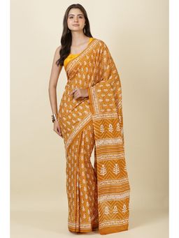 MEENA BAZAAR Since 1970 - Mustard Cotton Dhabu Printed Saree
