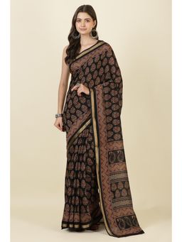 MEENA BAZAAR Since 1970 - Black Block Printed Cotton Saree