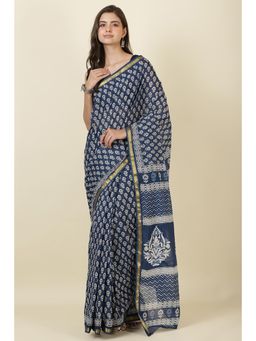 MEENA BAZAAR Since 1970 - Indigo Blue Cotton Block Printed Saree