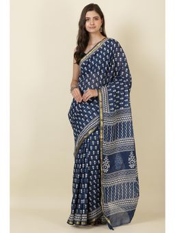 MEENA BAZAAR Since 1970 - Indigo Blue Block Printed Cotton Saree