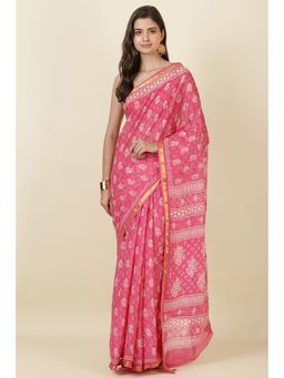 MEENA BAZAAR Since 1970 - Hot Pink Cotton Block Printed Saree