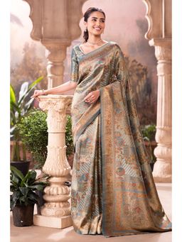 MEENA BAZAAR Since 1970 - Turquoise Position Print Woven Silk Saree