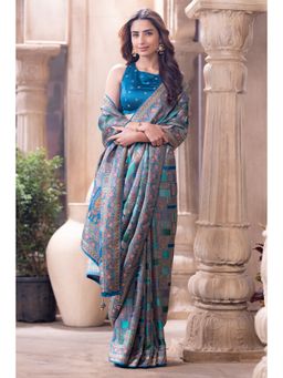 MEENA BAZAAR Since 1970 - Teal Blue Position Print Woven Silk Saree