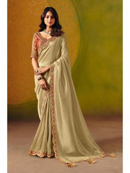 MEENA BAZAAR Since 1970 - Beige Embroidered Saree with Banarsi Woven Readymade Blouse