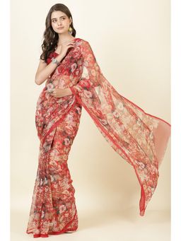MEENA BAZAAR Since 1970 - Red Floral Printed Chiffon Saree