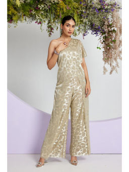 "Two Sisters" by Gyans - Metallic Gold One Shoulder Abstract Zari Jumpsuit