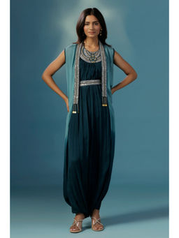 "Two Sisters" by Gyans - Teal Embellished Draped Jumpsuit with Belt and Attached Cape