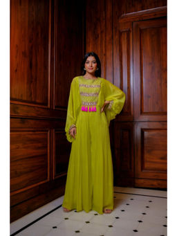 "Two Sisters" by Gyans - Lime Green Embroidered with Tassels Jumpsuit