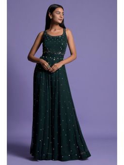 "Two Sisters" by Gyans - Bottle Green Mirror Embroidered Jumpsuit