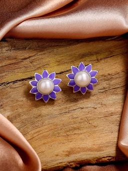 Estele - Rhodium Plated Elegant Pearl Stud Earrings with Purple Enamel for Women