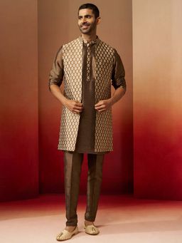 Vastramay - Men Bronze Silk Blend Kurta with Pant and Beige Jacquard Jacket