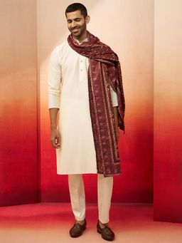Vastramay - Men Cream Viscose Kurta with Pant & Maroon Printed Dupatta