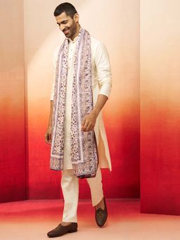 Vastramay - Men Cream Viscose Kurta with Pant & Powder Blue Printed Dupatta