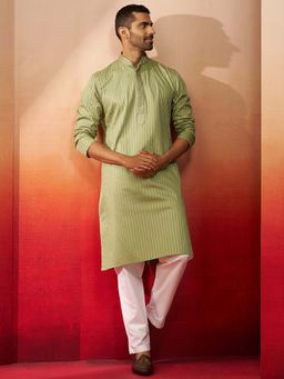 Vastramay - Green Yoke Embroidered Kurta with White Pant for Men