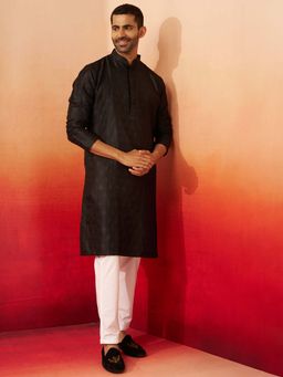 Vastramay - Black Jacquard Kurta With White Pant for Men