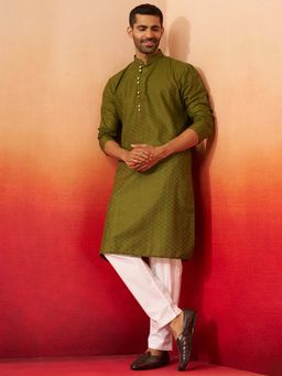 Vastramay - Mehendi Green Jacquard Kurta With White Pant for Men