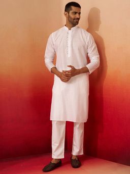 Vastramay - White Wave Pattern Kurta with Pant for Men